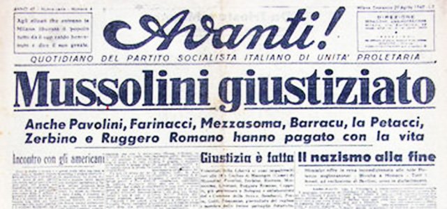 Portada de periódico tras la muerte de Mussolini