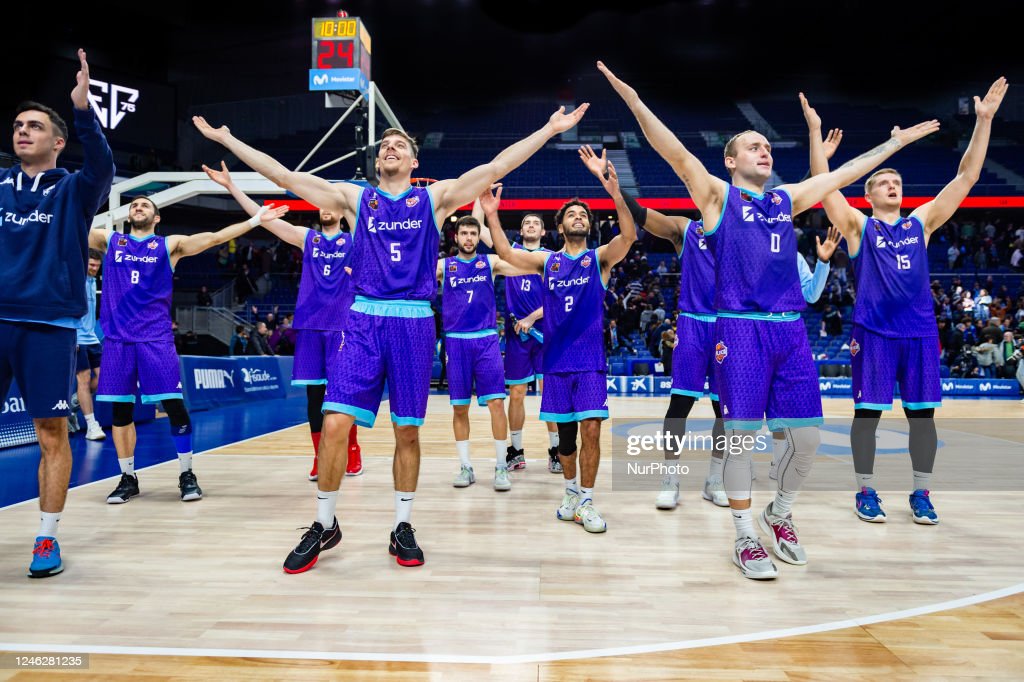 Zunder Palencia team celebrate the victory at the end of the basketball match between Movistar Estudiantes and Zunder Palencia valid for the matchday 15 of the spanish basketball league called LEB ORO played at Wizink Center in Madrid on Sunday 08 January 2023 (Photo by Alberto Gardin/NurPhoto via Getty Images)