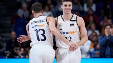 MADRID, SPAIN - NOVEMBER 26: #13 Sergio Rodriguez and #12 Carlos Alocen of Real Madrid in action during ACB League match between Real Madrid and Morabanc Andorra at WiZink Center on November 26, 2023 in Madrid, Spain. (Photo by Borja B. Hojas/Getty Images)