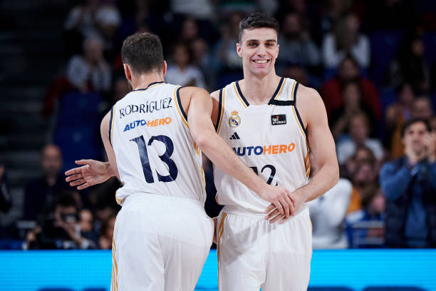 MADRID, SPAIN - NOVEMBER 26: #13 Sergio Rodriguez and #12 Carlos Alocen of Real Madrid in action during ACB League match between Real Madrid and Morabanc Andorra at WiZink Center on November 26, 2023 in Madrid, Spain. (Photo by Borja B. Hojas/Getty Images)