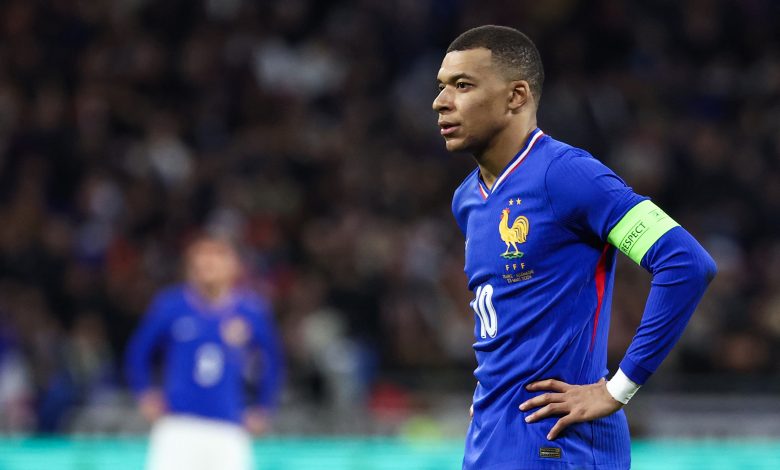 France's forward #10 Kylian Mbappé looks on during the friendly football match between France and Germany, at the Groupama Stadium in Decines-Charpieu, near Lyon, on March 23, 2024. (Photo by FRANCK FIFE / AFP) (Photo by FRANCK FIFE/AFP via Getty Images)