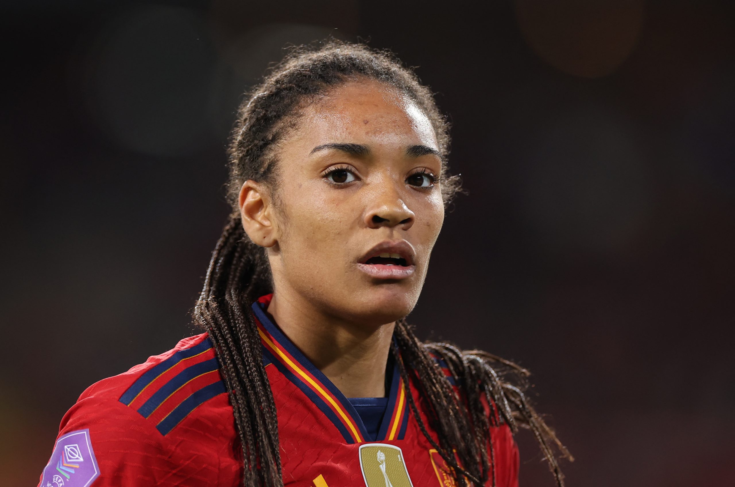 Spain's forward #07 Salma Paralluelo reacts during the UEFA Women's Nations League final football match between Spain and France at the La Cartuja stadium in Seville, on February 28, 2024. (Photo by FRANCK FIFE / AFP) (Photo by FRANCK FIFE/AFP via Getty Images)