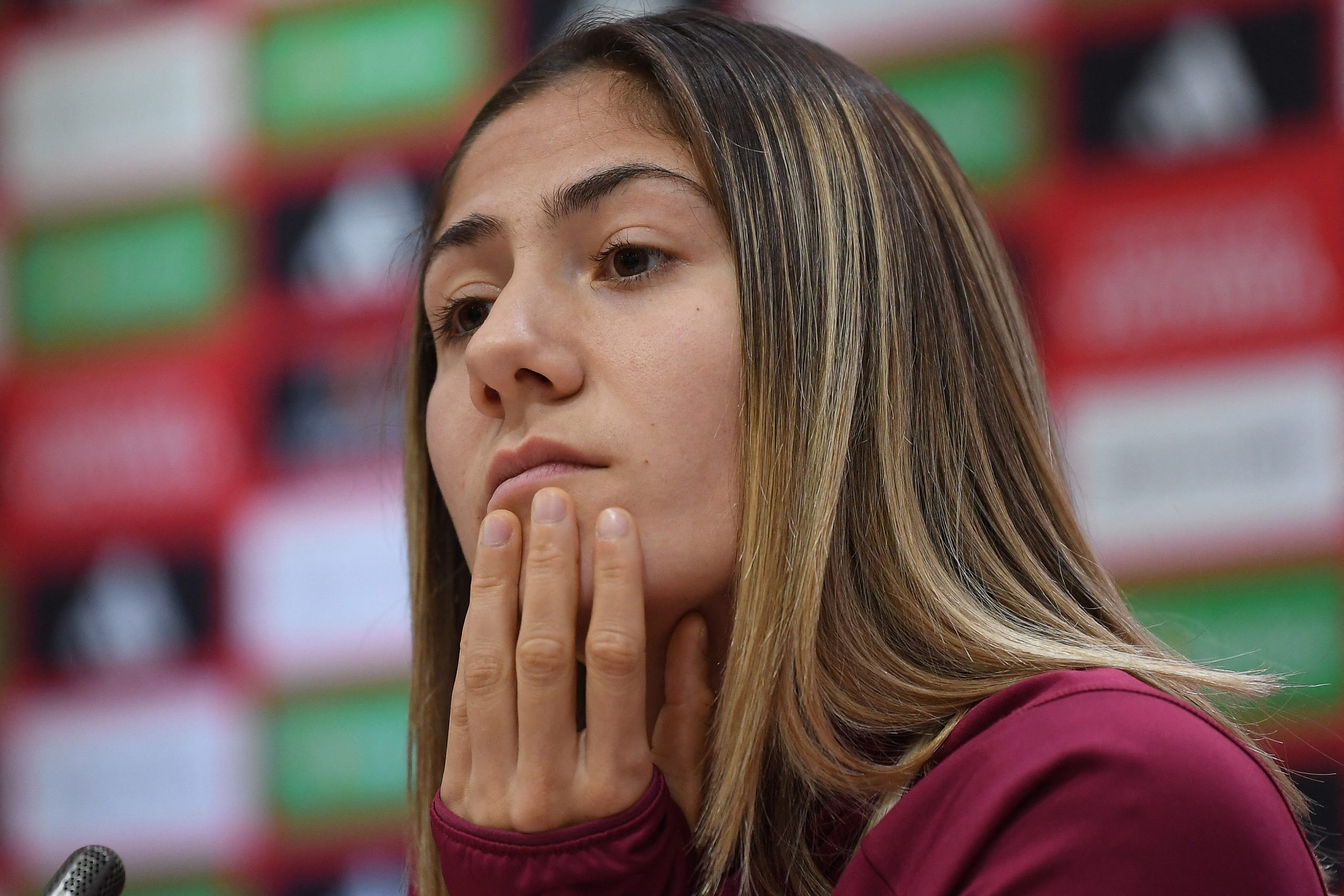 Spain's defender #14 Laia Aleixandri addresses a press conference in Malaga on December 4, 2023, on the eve of the UEFA Women's Nations League group A4 football match between Spain and Sweden. (Photo by JORGE GUERRERO / AFP) (Photo by JORGE GUERRERO/AFP via Getty Images)