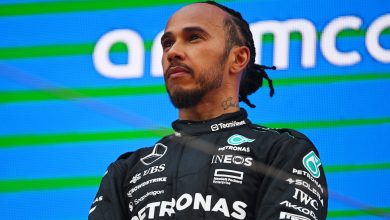 BARCELONA, SPAIN - JUNE 23: Third placed Lewis Hamilton of Great Britain and Mercedes stands on the podium after the F1 Grand Prix of Spain at Circuit de Barcelona-Catalunya on June 23, 2024 in Barcelona, Spain. (Photo by Rudy Carezzevoli/Getty Images)