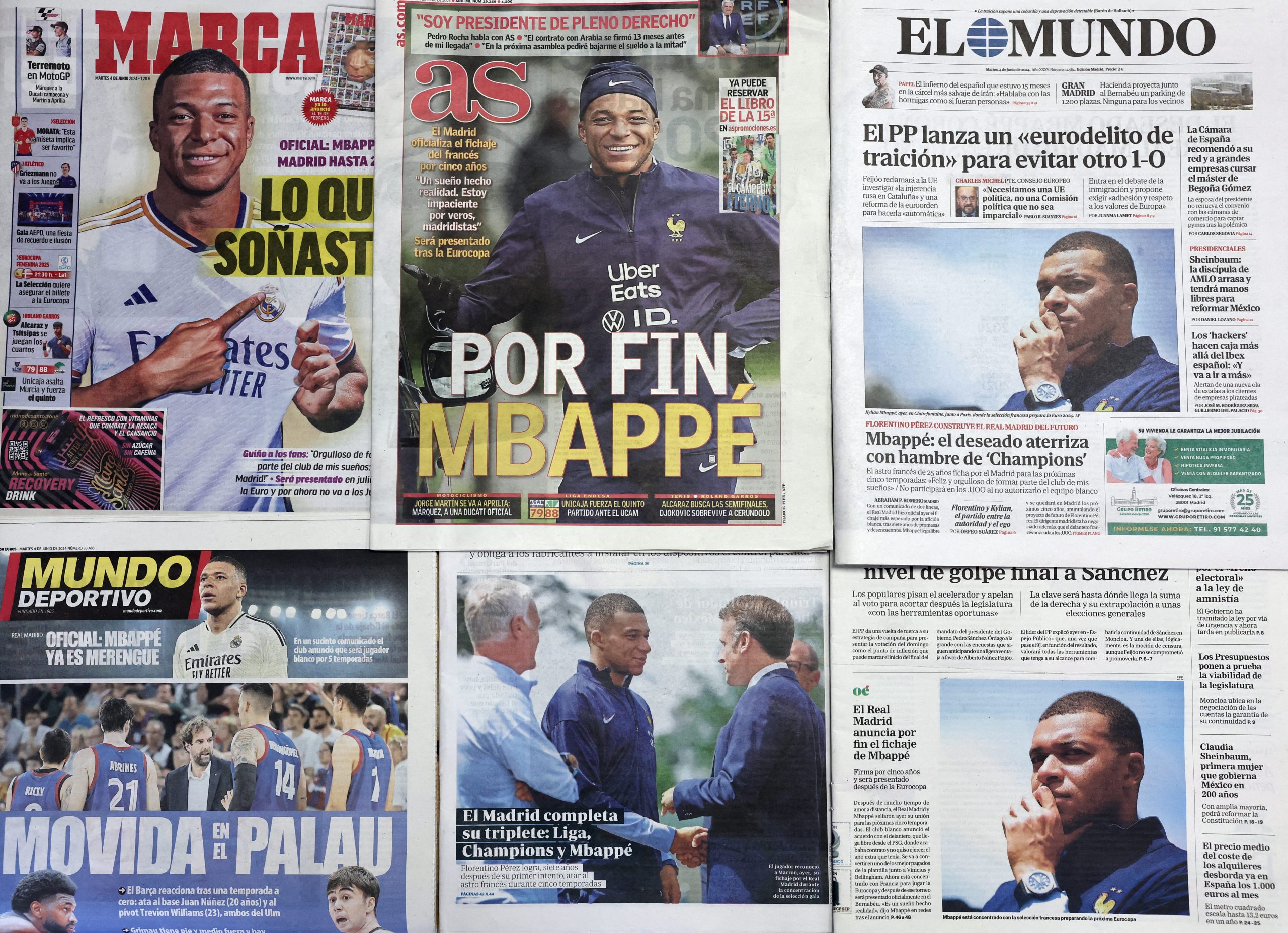 Esta fotografía tomada el 4 de junio de 2024 muestra las portadas de varios periódicos españoles un día después de que el delantero francés Kylian Mbappé fichara por el equipo de fútbol Real Madrid. Kylian Mbappé firmó ayer un contrato de cinco años para pasar al Real Madrid procedente del Paris Saint-Germain y calificó la medida como un "sueño hecho realidad". El anuncio supone la culminación del largo noviazgo de la Real por uno de los delanteros más prolíficos del fútbol mundial. (Foto de Thomas COEX/AFP) (Foto de THOMAS COEX/AFP vía Getty Images)