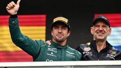 MONTREAL, QUEBEC - JUNE 18: Second placed Fernando Alonso of Spain and Aston Martin F1 Team and Adrian Newey, the Chief Technical Officer of Red Bull Racing celebrate on the podium during the F1 Grand Prix of Canada at Circuit Gilles Villeneuve on June 18, 2023 in Montreal, Quebec. (Photo by Minas Panagiotakis/Getty Images)