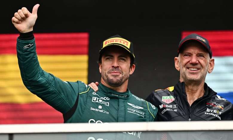 MONTREAL, QUEBEC - JUNE 18: Second placed Fernando Alonso of Spain and Aston Martin F1 Team and Adrian Newey, the Chief Technical Officer of Red Bull Racing celebrate on the podium during the F1 Grand Prix of Canada at Circuit Gilles Villeneuve on June 18, 2023 in Montreal, Quebec. (Photo by Minas Panagiotakis/Getty Images)