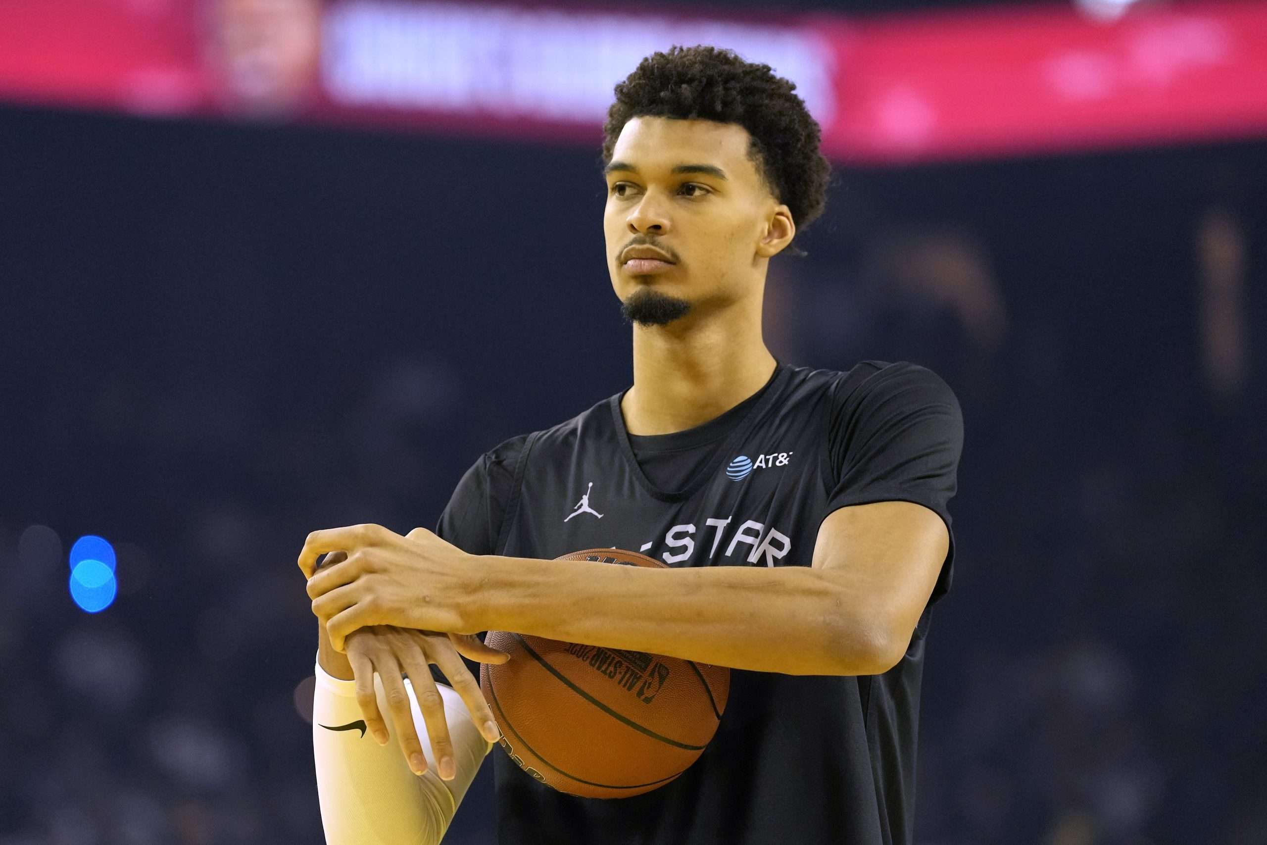 OAKLAND, CALIFORNIA - FEBRUARY 15: Victor Wembanyama #1 of the San Antonio Spurs and Chuck's Global Stars looks on during 2025 NBA All-Star Practice & Media Availability at Oakland Arena on February 15, 2025 in Oakland, California. NOTE TO USER: User expressly acknowledges and agrees that, by downloading and or using this photograph, User is consenting to the terms and conditions of the Getty Images License Agreement. (Photo by Thearon W. Henderson/Getty Images)