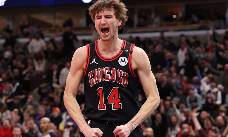 CHICAGO, ILLINOIS - JANUARY 27: Matas Buzelis #14 of the Chicago Bulls celebrates a dunk against the Denver Nuggets during the second half at the United Center on January 27, 2025 in Chicago, Illinois. NOTE TO USER: User expressly acknowledges and agrees that, by downloading and or using this photograph, User is consenting to the terms and conditions of the Getty Images License Agreement. (Photo by Michael Reaves/Getty Images)
