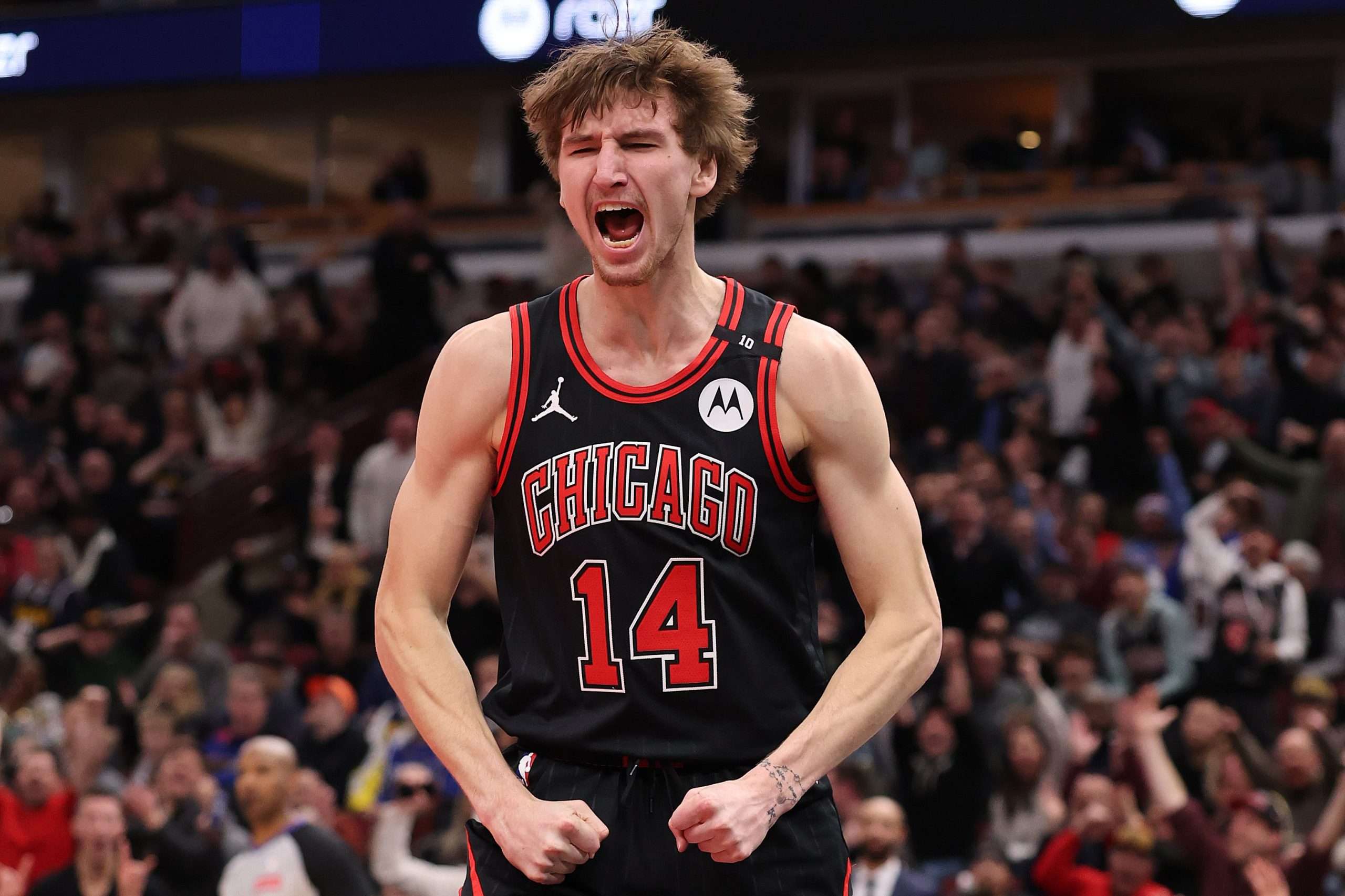 CHICAGO, ILLINOIS - JANUARY 27: Matas Buzelis #14 of the Chicago Bulls celebrates a dunk against the Denver Nuggets during the second half at the United Center on January 27, 2025 in Chicago, Illinois. NOTE TO USER: User expressly acknowledges and agrees that, by downloading and or using this photograph, User is consenting to the terms and conditions of the Getty Images License Agreement. (Photo by Michael Reaves/Getty Images)