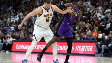DENVER, COLORADO - FEBRUARY 22: Nikola Jokic #15 of the Denver Nuggets jockeys for position against Jarred Vanderbilt #2 of the Los Angels Lakers in the first quarter at Ball Arena on February 22, 2025 in Denver, Colorado. NOTE TO USER: User expressly acknowledges and agrees that, by downloading and or using this photograph, User is consenting to the terms and conditions of the Getty Images License Agreement. (Photo by Matthew Stockman/Getty Images)
