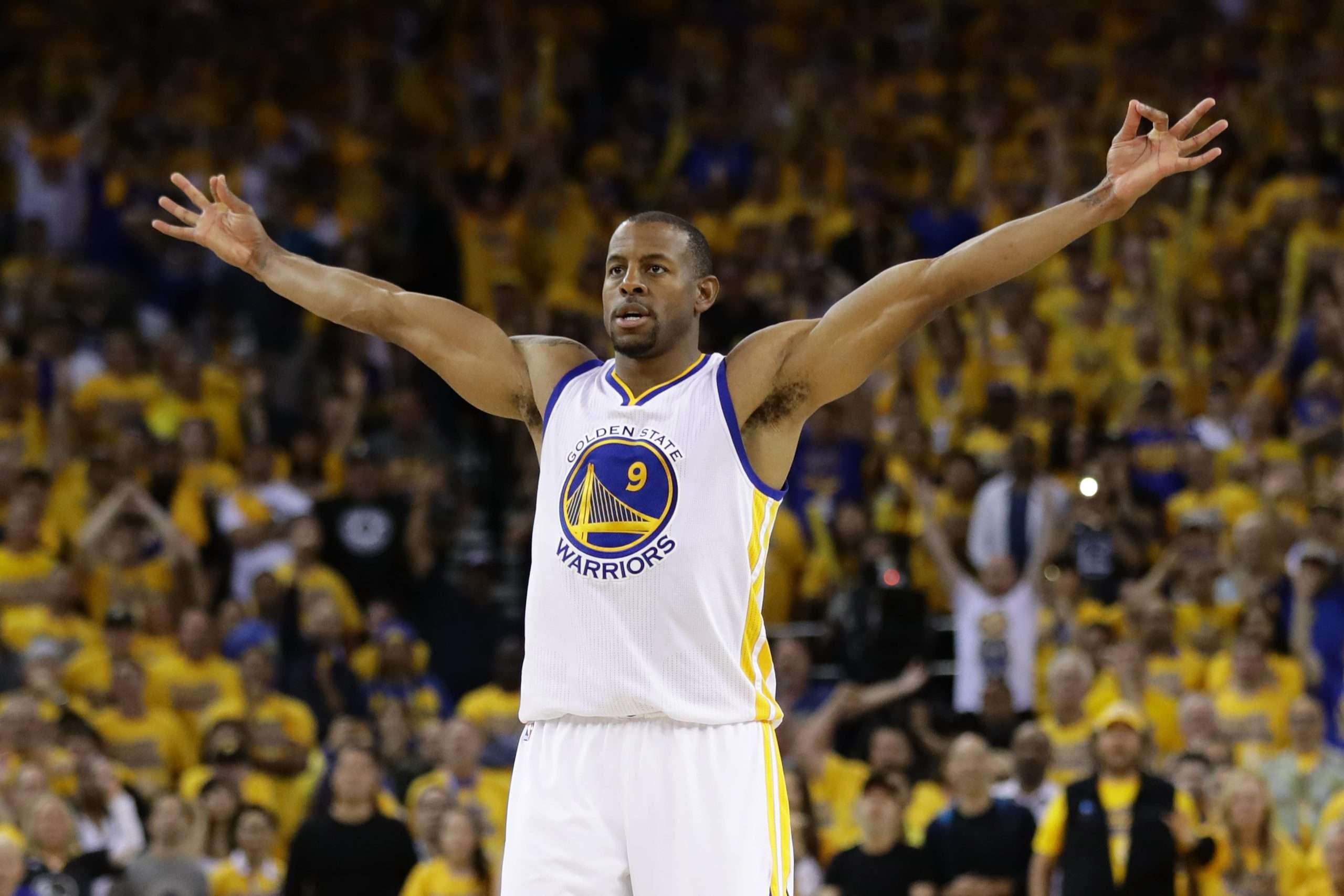 OAKLAND, CA - MAY 30: Andre Iguodala #9 of the Golden State Warriors reacts after hitting a three-point basket in Game Seven of the Western Conference Finals during the 2016 NBA Playoffs at ORACLE Arena on May 30, 2016 in Oakland, California. NOTE TO USER: User expressly acknowledges and agrees that, by downloading and or using this photograph, User is consenting to the terms and conditions of the Getty Images License Agreement. (Photo by Ezra Shaw/Getty Images)