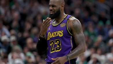 BOSTON, MASSACHUSETTS - MARCH 08: LeBron James #23 of the Los Angeles Lakers reacts after he is fouled during the first half against the Boston Celtics at TD Garden on March 08, 2025 in Boston, Massachusetts. NOTE TO USER: User expressly acknowledges and agrees that, by downloading and or using this photograph, User is consenting to the terms and conditions of the Getty Images License Agreement. (Photo by Elsa/Getty Images)