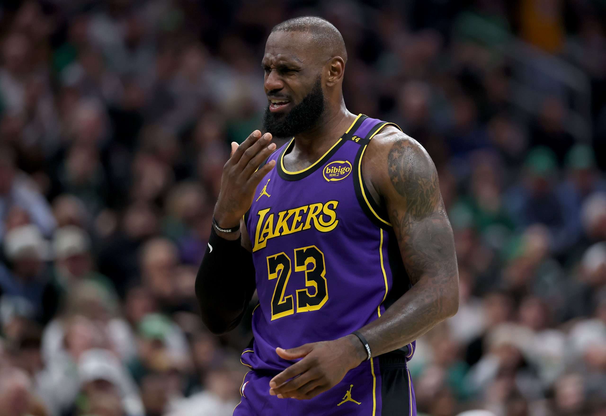 BOSTON, MASSACHUSETTS - MARCH 08: LeBron James #23 of the Los Angeles Lakers reacts after he is fouled during the first half against the Boston Celtics at TD Garden on March 08, 2025 in Boston, Massachusetts. NOTE TO USER: User expressly acknowledges and agrees that, by downloading and or using this photograph, User is consenting to the terms and conditions of the Getty Images License Agreement. (Photo by Elsa/Getty Images)