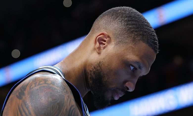 ATLANTA, GEORGIA - FEBRUARY 07: Damian Lillard #0 of the Milwaukee Bucks reacts after their 115-110 loss to the Atlanta Hawks at State Farm Arena on February 07, 2025 in Atlanta, Georgia. NOTE TO USER: User expressly acknowledges and agrees that, by downloading and or using this photograph, User is consenting to the terms and conditions of the Getty Images License Agreement. (Photo by Kevin C. Cox/Getty Images)