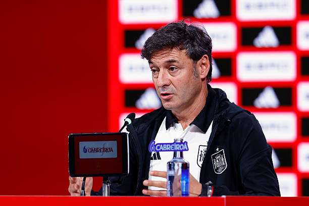 LAS ROZAS, SPAIN - MAY 26: Santi Denia, head coach of Spain Team U21, attends his press conference to announce the list of summoned players ahead the International Friendly football match of Spain Team U21 against Ukraine at Ciudad del Futbol on May 26, 2025, in Las Rozas, Madrid, Spain. (Photo by Dennis Agyeman / AFP7 via Getty Images)