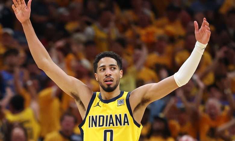 2025 NBA Finals - Game Six INDIANAPOLIS, INDIANA - JUNE 19: Tyrese Haliburton #0 of the Indiana Pacers celebrates a basket against the Oklahoma City Thunder during the second quarter in Game Six of the 2025 NBA Finals at Gainbridge Fieldhouse on June 19, 2025 in Indianapolis, Indiana. NOTE TO USER: User expressly acknowledges and agrees that, by downloading and or using this photograph, User is consenting to the terms and conditions of the Getty Images License Agreement. (Photo by Maddie Meyer/Getty Images)