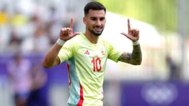 BORDEAUX, FRANCE - JULY 27: Alex Baena #10 of Team Spain celebrates scoring his team's second goal during the Men's group C match between Dominican Republic and Spain during the Olympic Games Paris 2024 at Nouveau Stade de Bordeaux on July 27, 2024 in Bordeaux, France.