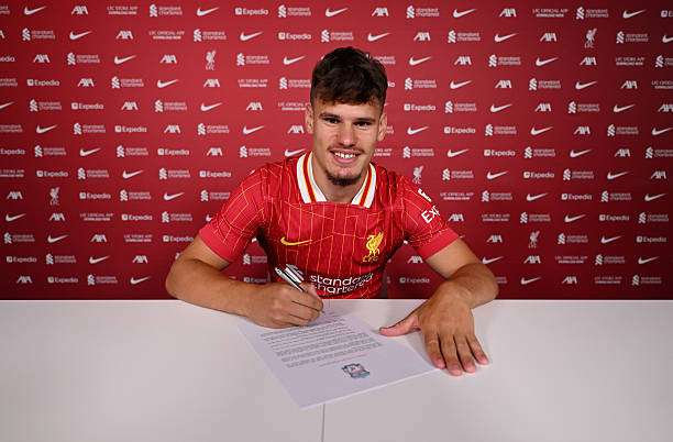 KIRKBY, ENGLAND - JUNE 26: (THE SUN OUT, THE SUN ON SUNDAY OUT) Milos Kerkez new signing for Liverpool FC at AXA Training Centre on June 26, 2025 in Kirkby, England.
