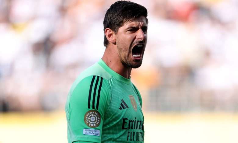 EAST RUTHERFORD, NEW JERSEY - JULY 05: Thibaut Courtois #1 of Real Madrid C.F. reacts following the FIFA Club World Cup 2025 quarter-final match between Real Madrid CF and Borussia Dortmund at MetLife Stadium on July 05, 2025 in East Rutherford, New Jersey. (Photo by Francois Nel/Getty Images)