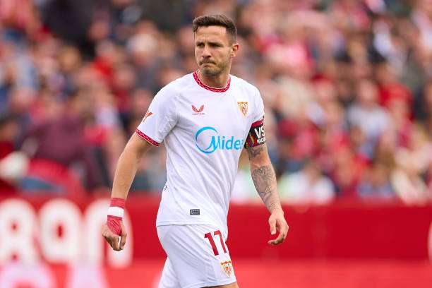 SEVILLE, SPAIN - MARCH 16: Saul Niguez of Sevilla FC looks on during the LaLiga match between Sevilla FC and Athletic Club at Estadio Ramon Sanchez Pizjuan on March 16, 2025 in Seville, Spain.