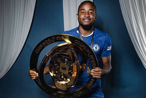 EAST RUTHERFORD, NEW JERSEY - JULY 13: Christopher Nkunku #18 of Chelsea FC sits for a portrait following their win over Paris Saint-Germain in the Club World Cup final at MetLife Stadium on July 13, 2025 in East Rutherford, New Jersey.