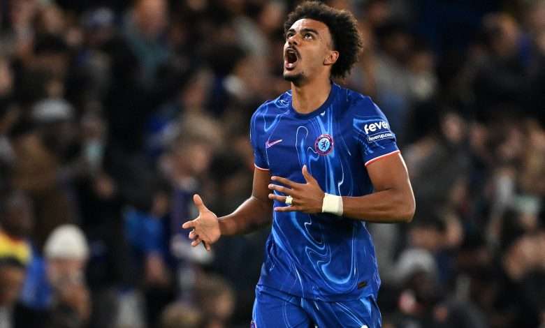 Renato Veiga of Chelsea celebrates scoring his team's first goal during the UEFA Conference League 2024/25 League Phase MD1 match between Chelsea FC and KAA Gent at Stamford Bridge on October 03, 2024 in London, England. (Photo by Mike Hewitt/Getty Images)