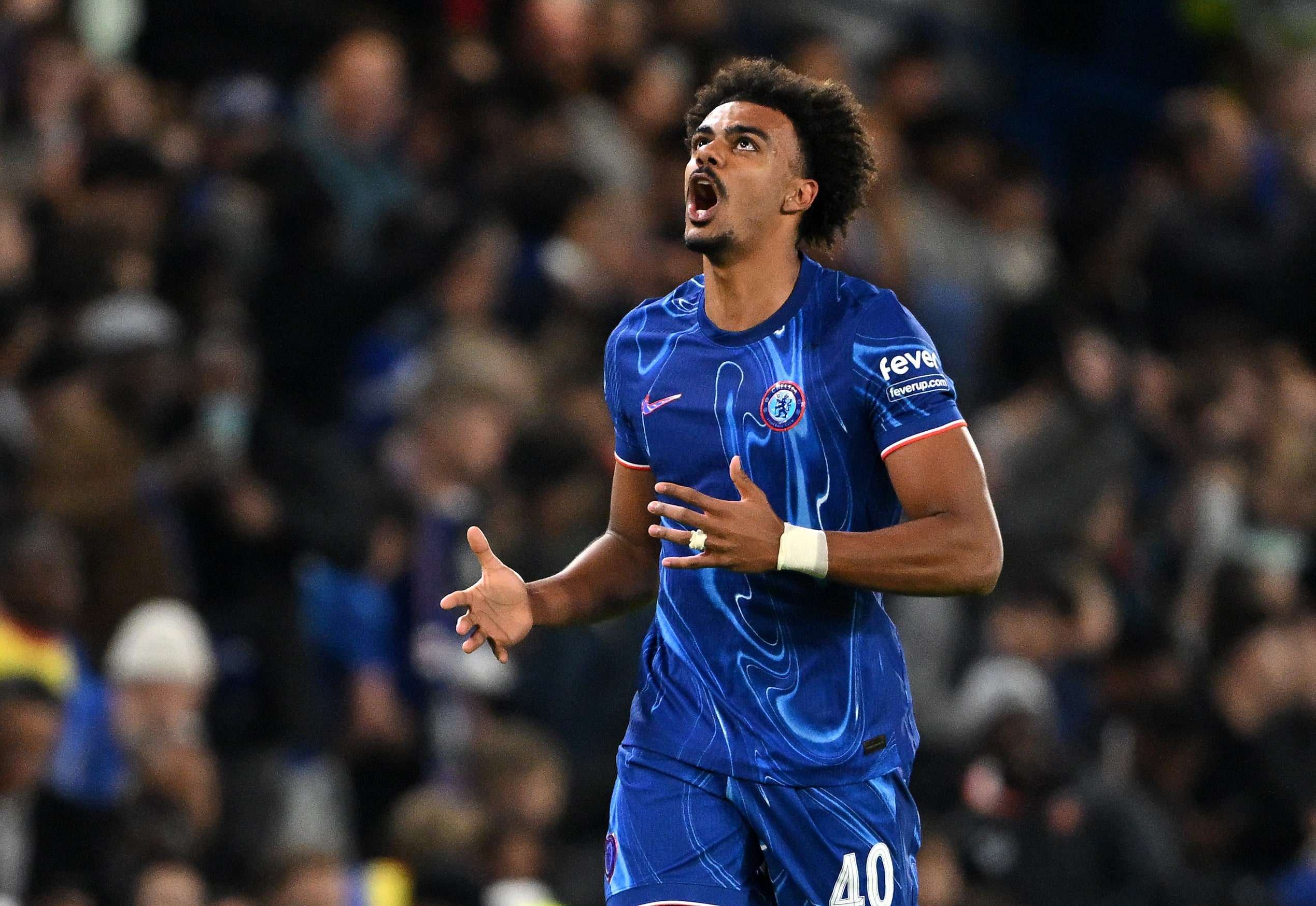 Renato Veiga of Chelsea celebrates scoring his team's first goal during the UEFA Conference League 2024/25 League Phase MD1 match between Chelsea FC and KAA Gent at Stamford Bridge on October 03, 2024 in London, England. (Photo by Mike Hewitt/Getty Images)