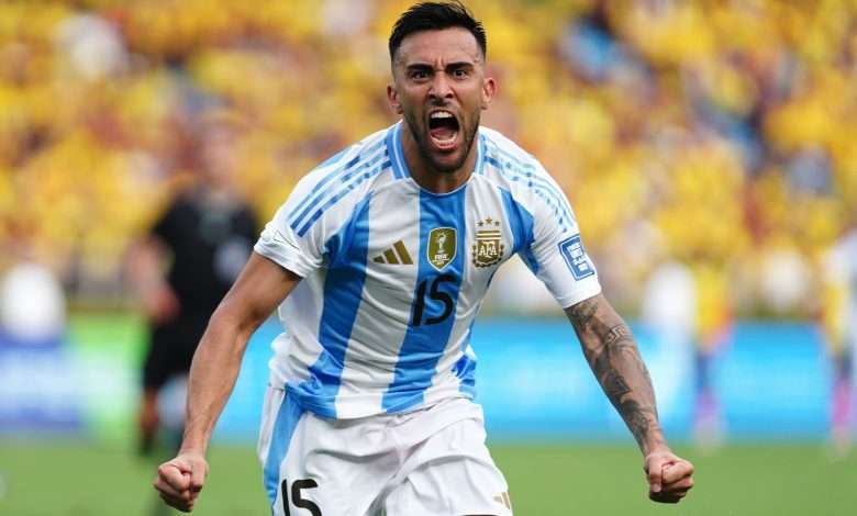 Nicolas Gonzalez of Argentina celebrates after scoring the team's first goal during the South American FIFA World Cup 2026 Qualifier match between Colombia and Argentina at Roberto Melendez Metropolitan Stadium on September 10, 2024 in Barranquilla, Colombia. (Photo by Andres Rot/Getty Images)