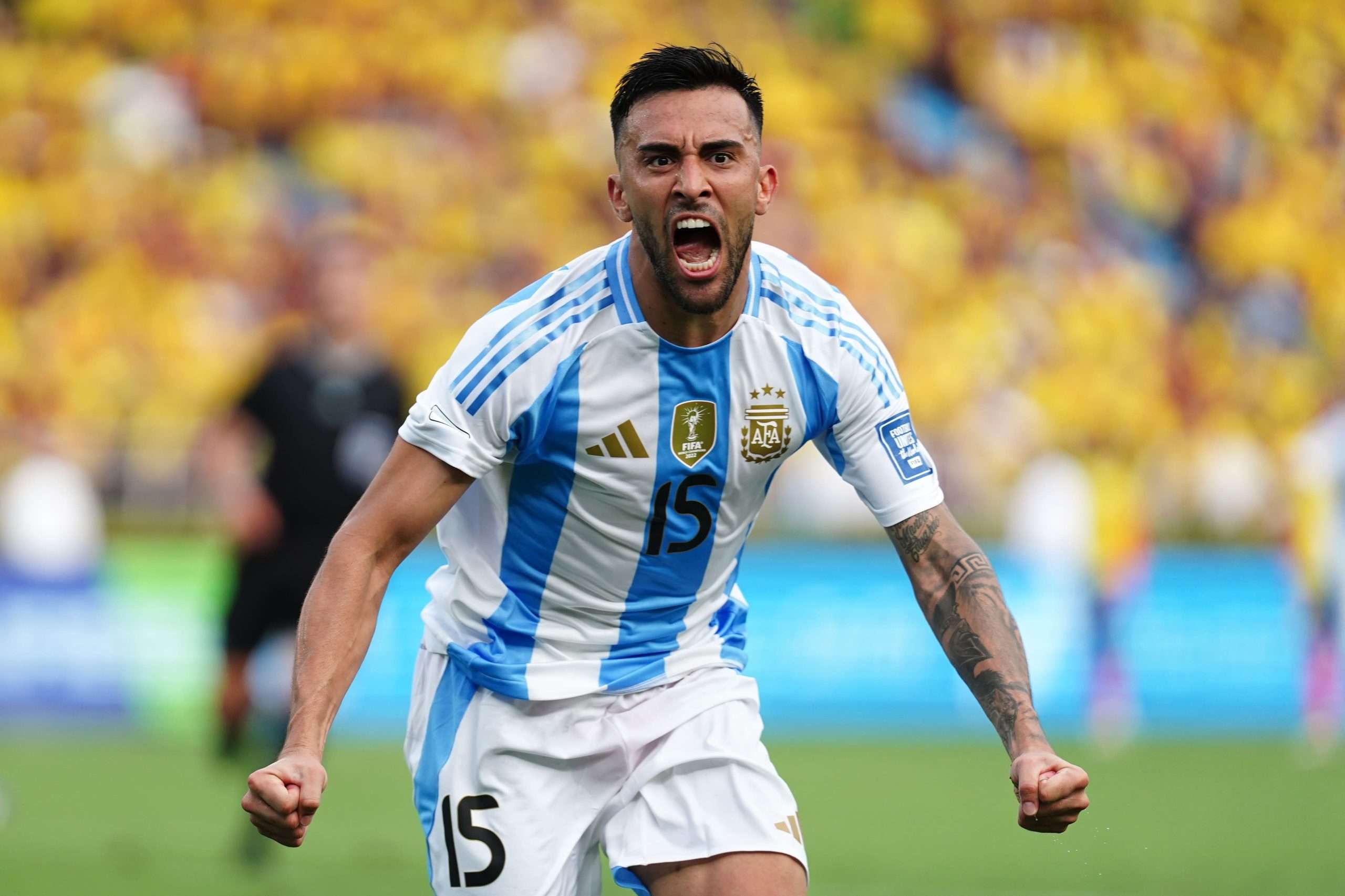 Nicolas Gonzalez of Argentina celebrates after scoring the team's first goal during the South American FIFA World Cup 2026 Qualifier match between Colombia and Argentina at Roberto Melendez Metropolitan Stadium on September 10, 2024 in Barranquilla, Colombia. (Photo by Andres Rot/Getty Images)