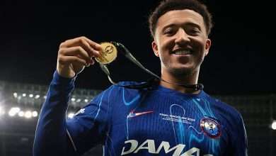 WROCLAW, POLAND - MAY 28: Jadon Sancho of Chelsea FC poses with his Winners' medals following the 4-1 victory in the UEFA Conference League Final 2025 between Real Betis Balompie and Chelsea FC at Stadio Wroclaw on May 28, 2025 in Wroclaw, Poland. (Photo by Jonathan Moscrop/Getty Images)