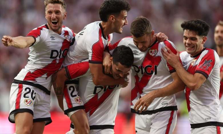 Sergio Camello of Rayo Vallecano celebrates with teammates after scores a goal who was disallowed during the UEFA Conference League Play-off Round Second Leg match between Rayo Vallecano and FC Neman Grodno at Campo de Futbol de Vallecas on August 28, 2025 in Madrid, Spain. (Photo by Florencia Tan Jun/Getty Images)