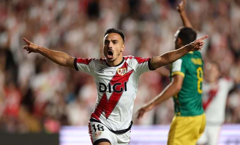 Alvaro Garcia of Rayo Vallecano celebrates after scoring the team's first goal during the UEFA Conference League Play-off Round Second Leg match between Rayo Vallecano and FC Neman Grodno at Campo de Futbol de Vallecas on August 28, 2025 in Madrid, Spain. (Photo by Florencia Tan Jun/Getty Images)