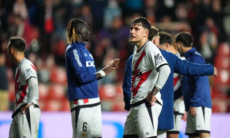 Andrei Ratiu of Rayo Vallecano looks dejected after his team's defeat in the LaLiga match between Rayo Vallecano and RCD Espanyol de Barcelona at Estadio de Vallecas on April 04, 2025 in Madrid, Spain. (Photo by Angel Martinez/Getty Images).
