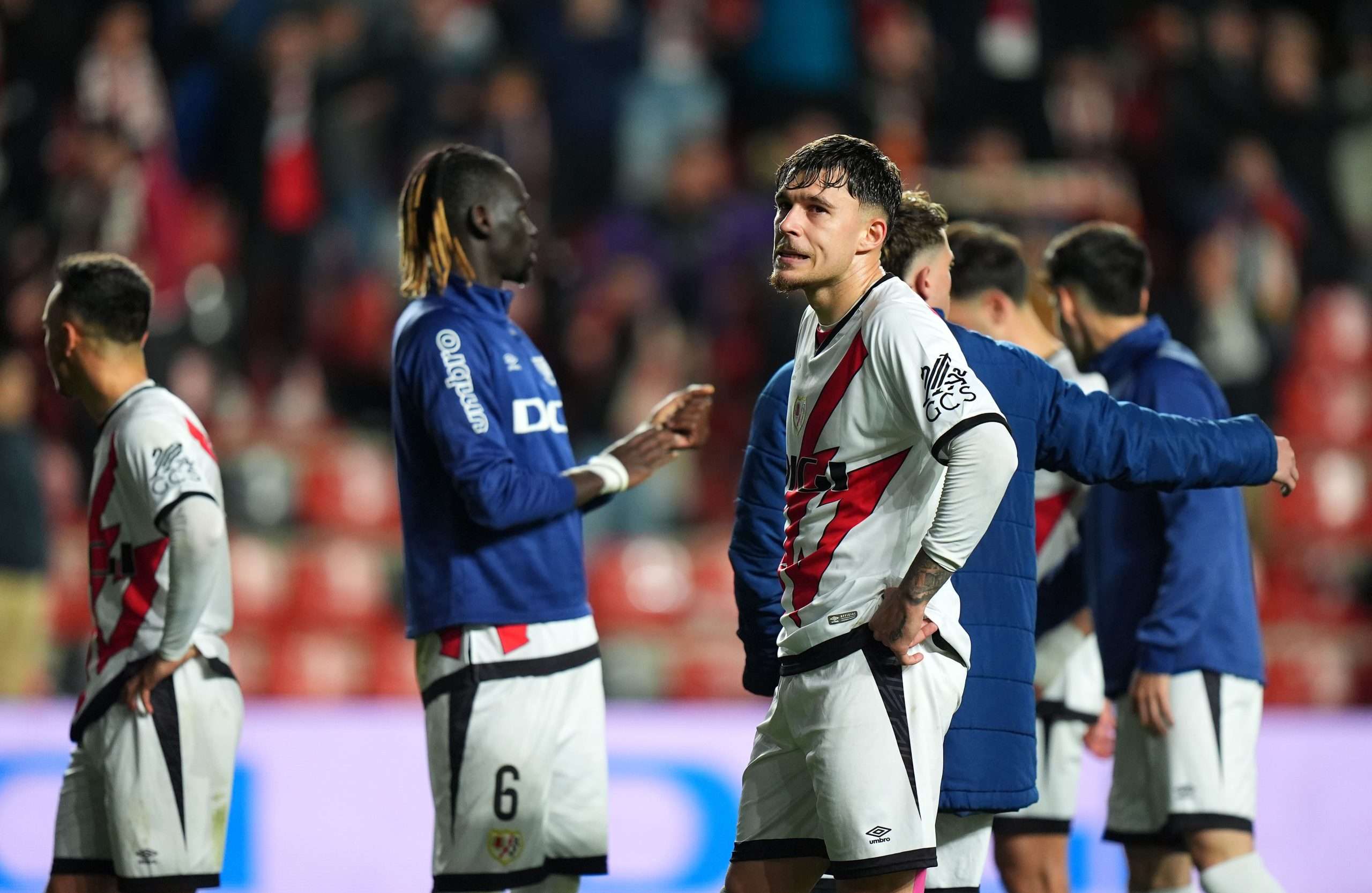 Andrei Ratiu of Rayo Vallecano looks dejected after his team's defeat in the LaLiga match between Rayo Vallecano and RCD Espanyol de Barcelona at Estadio de Vallecas on April 04, 2025 in Madrid, Spain. (Photo by Angel Martinez/Getty Images).