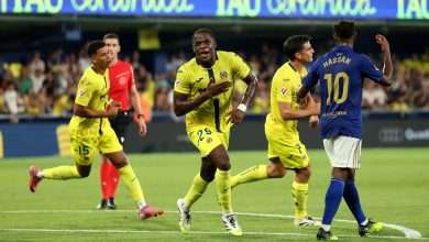Etta Eyong of Villarreal CF celebrates scoring his team's first goal during the LaLiga EA Sports match between Villarreal CF and Real Oviedo at Estadio de la Ceramica on August 15, 2025 in Villarreal, Spain. (Photo by Clive Brunskill/Getty Images)