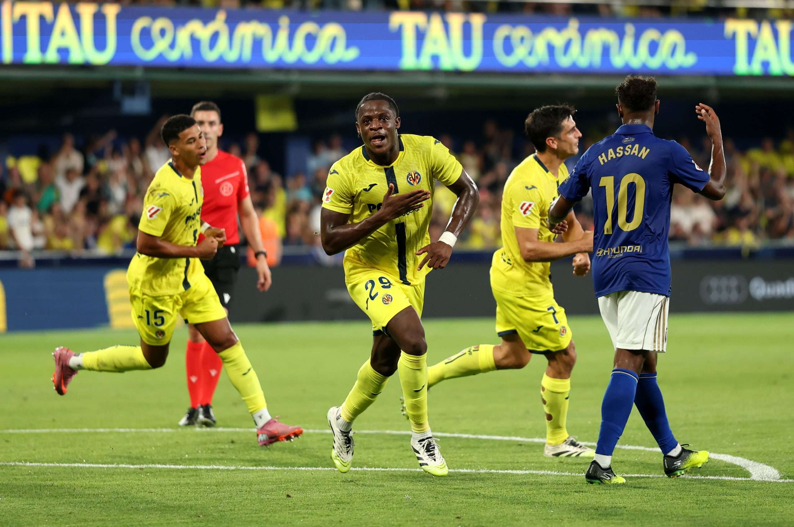 Etta Eyong of Villarreal CF celebrates scoring his team's first goal during the LaLiga EA Sports match between Villarreal CF and Real Oviedo at Estadio de la Ceramica on August 15, 2025 in Villarreal, Spain. (Photo by Clive Brunskill/Getty Images)
