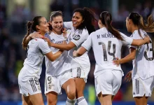 Las jugadoras del Real Madrid celebras el resultado a favor conseguido en alemania