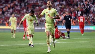 KONYA, TURKEY - SEPTEMBER 07: Mikel Merino of Spain celebrates scoring his team's fifth goal and his hat-trick during the FIFA World Cup 2026 qualifier match between Turkiye and Spain at Konya Metropolitan Municipality Stadium on September 07, 2025 in Konya, Turkey. (Photo by Ahmad Mora - UEFA/UEFA via Getty Images)