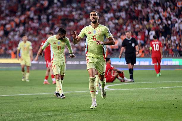 KONYA, TURKEY - SEPTEMBER 07: Mikel Merino of Spain celebrates scoring his team's fifth goal and his hat-trick during the FIFA World Cup 2026 qualifier match between Turkiye and Spain at Konya Metropolitan Municipality Stadium on September 07, 2025 in Konya, Turkey. (Photo by Ahmad Mora - UEFA/UEFA via Getty Images)