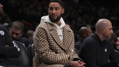 NEW YORK, NEW YORK - NOVEMBER 25: Ben Simmons #10 of the Brooklyn Nets looks on from the bench against the Miami Heat in the second half at Barclays Center on November 25, 2023 in the Brooklyn borough of New York City. The Nets defeated the Heat 112-97. NOTE TO USER: User expressly acknowledges and agrees that, by downloading and or using this photograph, User is consenting to the terms and conditions of the Getty Images License Agreement. (Photo by Mitchell Leff/Getty Images)