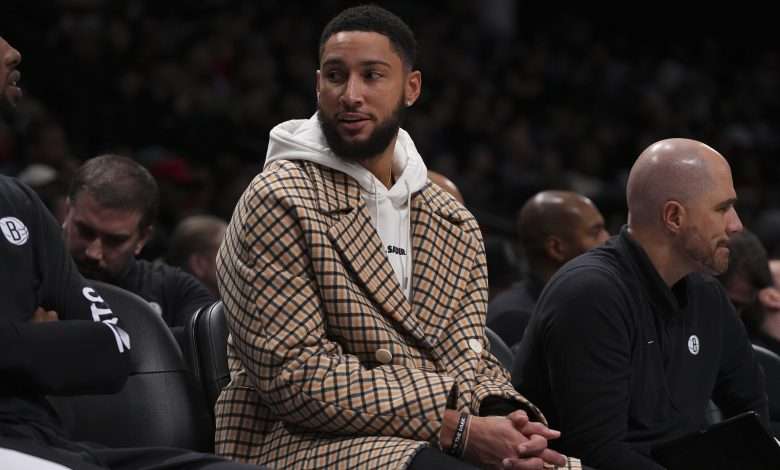 NEW YORK, NEW YORK - NOVEMBER 25: Ben Simmons #10 of the Brooklyn Nets looks on from the bench against the Miami Heat in the second half at Barclays Center on November 25, 2023 in the Brooklyn borough of New York City. The Nets defeated the Heat 112-97. NOTE TO USER: User expressly acknowledges and agrees that, by downloading and or using this photograph, User is consenting to the terms and conditions of the Getty Images License Agreement. (Photo by Mitchell Leff/Getty Images)