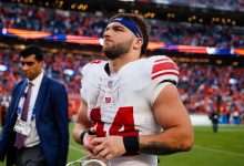 Cam Skattebo #44 of the New York Giants walks on the field after the 32-33 loss to the Denver Broncos at Empower Field at Mile High on October 19, 202...Read More | (Photo by Justin Edmonds/Getty Images)