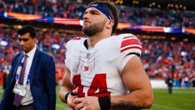 Cam Skattebo #44 of the New York Giants walks on the field after the 32-33 loss to the Denver Broncos at Empower Field at Mile High on October 19, 202...Read More | (Photo by Justin Edmonds/Getty Images)