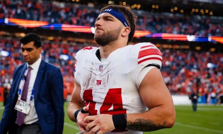 Cam Skattebo #44 of the New York Giants walks on the field after the 32-33 loss to the Denver Broncos at Empower Field at Mile High on October 19, 202...Read More | (Photo by Justin Edmonds/Getty Images)