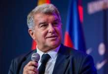 BARCELONA, SPAIN - JULY 25: FC Barcelona President Joan Laporta faces the media during the unveiled of Hansi Flick as new FC Barcelona Coach at Spotify Camp Nou on July 25, 2024 in Barcelona, Spain. (Photo by Eric Alonso/Getty Images)