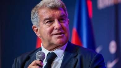 BARCELONA, SPAIN - JULY 25: FC Barcelona President Joan Laporta faces the media during the unveiled of Hansi Flick as new FC Barcelona Coach at Spotify Camp Nou on July 25, 2024 in Barcelona, Spain. (Photo by Eric Alonso/Getty Images)