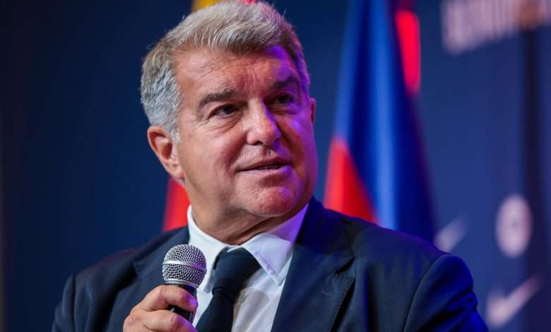 BARCELONA, SPAIN - JULY 25: FC Barcelona President Joan Laporta faces the media during the unveiled of Hansi Flick as new FC Barcelona Coach at Spotify Camp Nou on July 25, 2024 in Barcelona, Spain. (Photo by Eric Alonso/Getty Images)