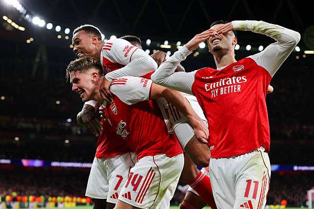 LONDON, ENGLAND - OCTOBER 21: Viktor Gyokeres of Arsenal celebrates with teammates after scoring their side's fourth goal during the UEFA Champions League 2025/26 League Phase MD3 match between Arsenal FC and Atletico de Madrid at Arsenal Stadium on October 21, 2025 in London, England. (Photo by James Gill - Danehouse/Getty Images)