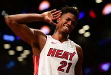 NEW YORK, NY - NOVEMBER 14: Hassan Whiteside #21 of the Miami Heat motions for the fans to get louder during the final moments of the game against Brooklyn Nets at Barclays Center on November 14, 2018 in the Brooklyn borough of New York City. The Heat won 120-107. (Photo by Sarah Stier/Getty Images)